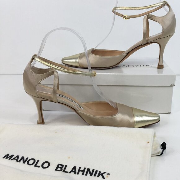 Manolo Blahnik Golden Cap Toe Ankle Strap Pumps Size 37.5